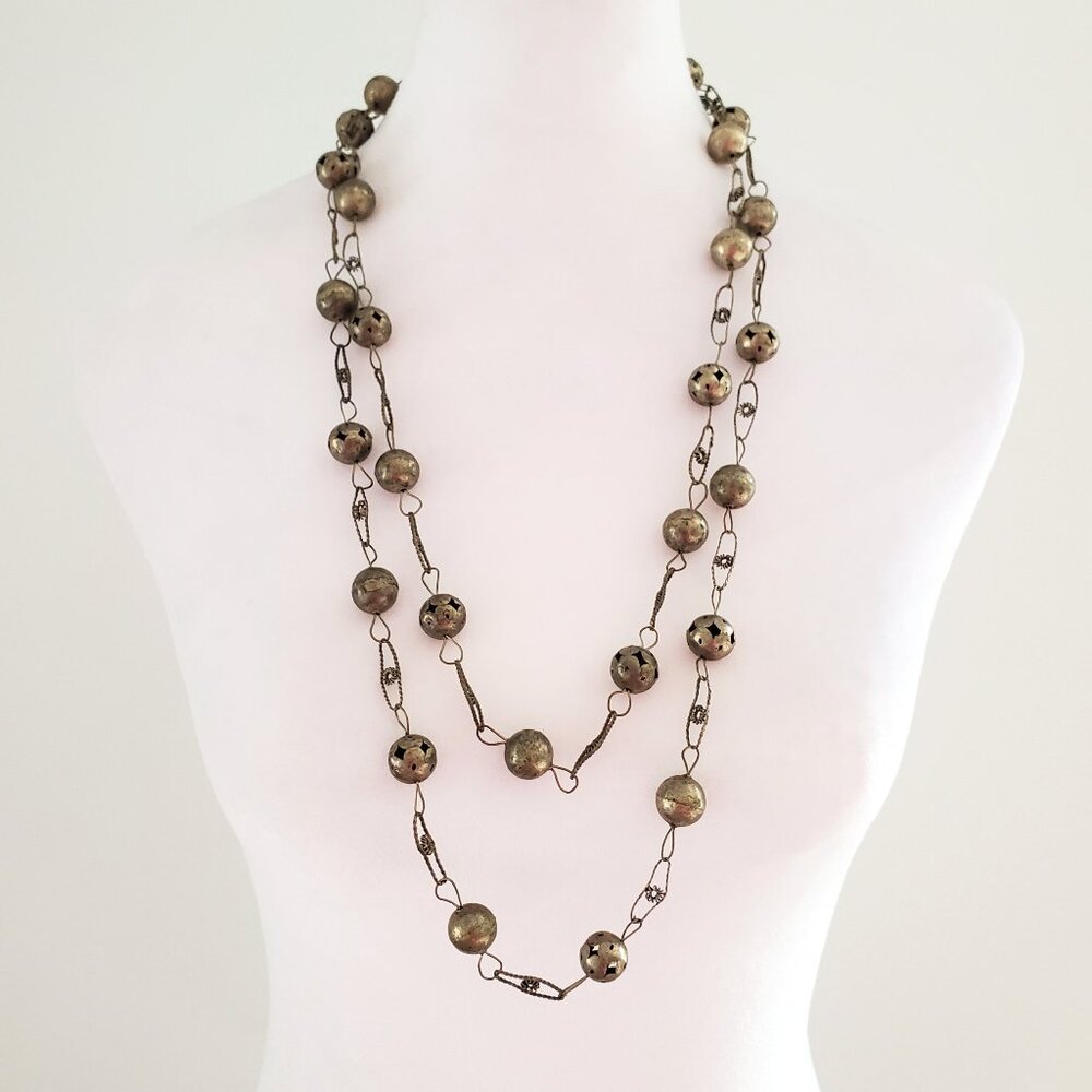 Rare * Vintage Rustic Silver Metal Baubles Wrap Necklace Filagree Links 62"